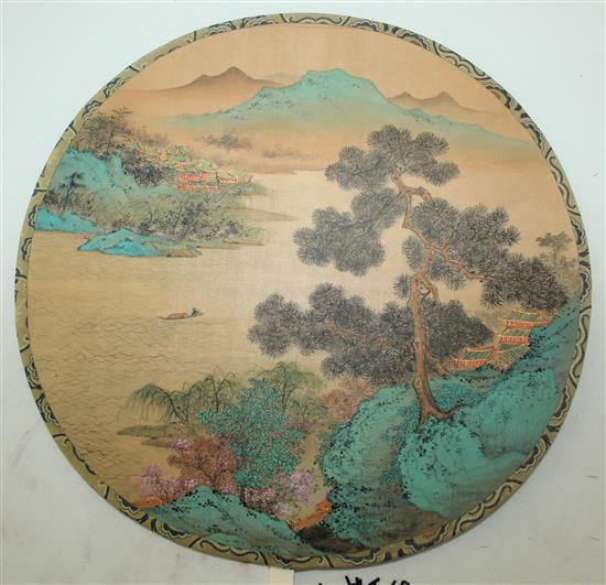 A Chinese painted silk and ivory fan, early 20th century, 42.5cm